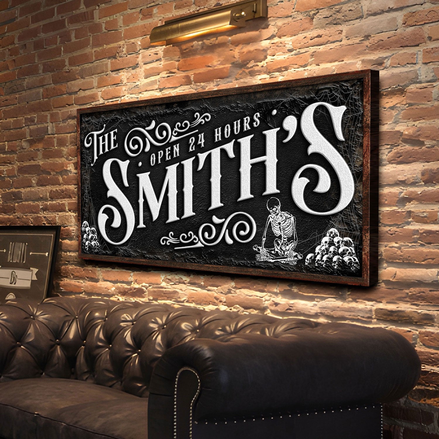 Personalized Gothic Sign II canvas wall art with black background, white ornate typography on Tampa Home & Garden Store