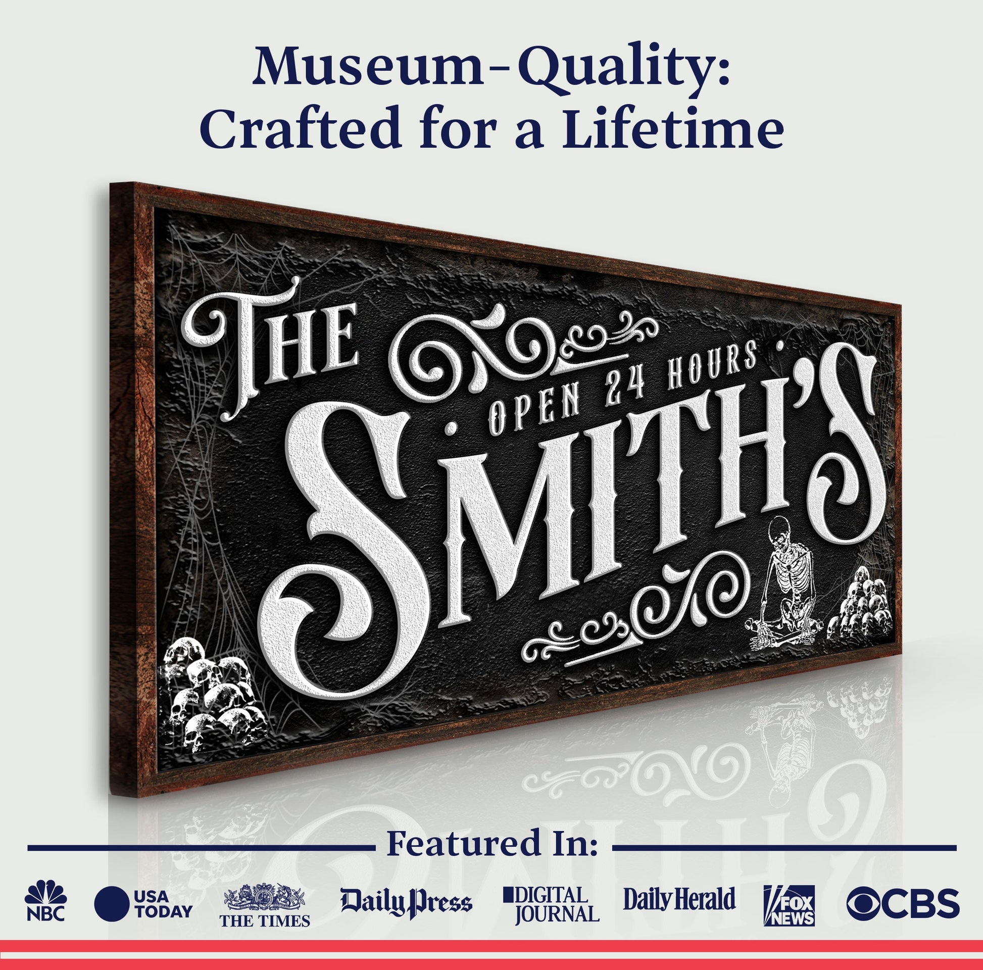 Personalized Gothic Sign II canvas with black textured surface and white ornate lettering on Tampa Home & Garden Store