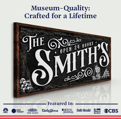 Personalized Gothic Sign II canvas with black textured surface and white ornate lettering on Tampa Home & Garden Store