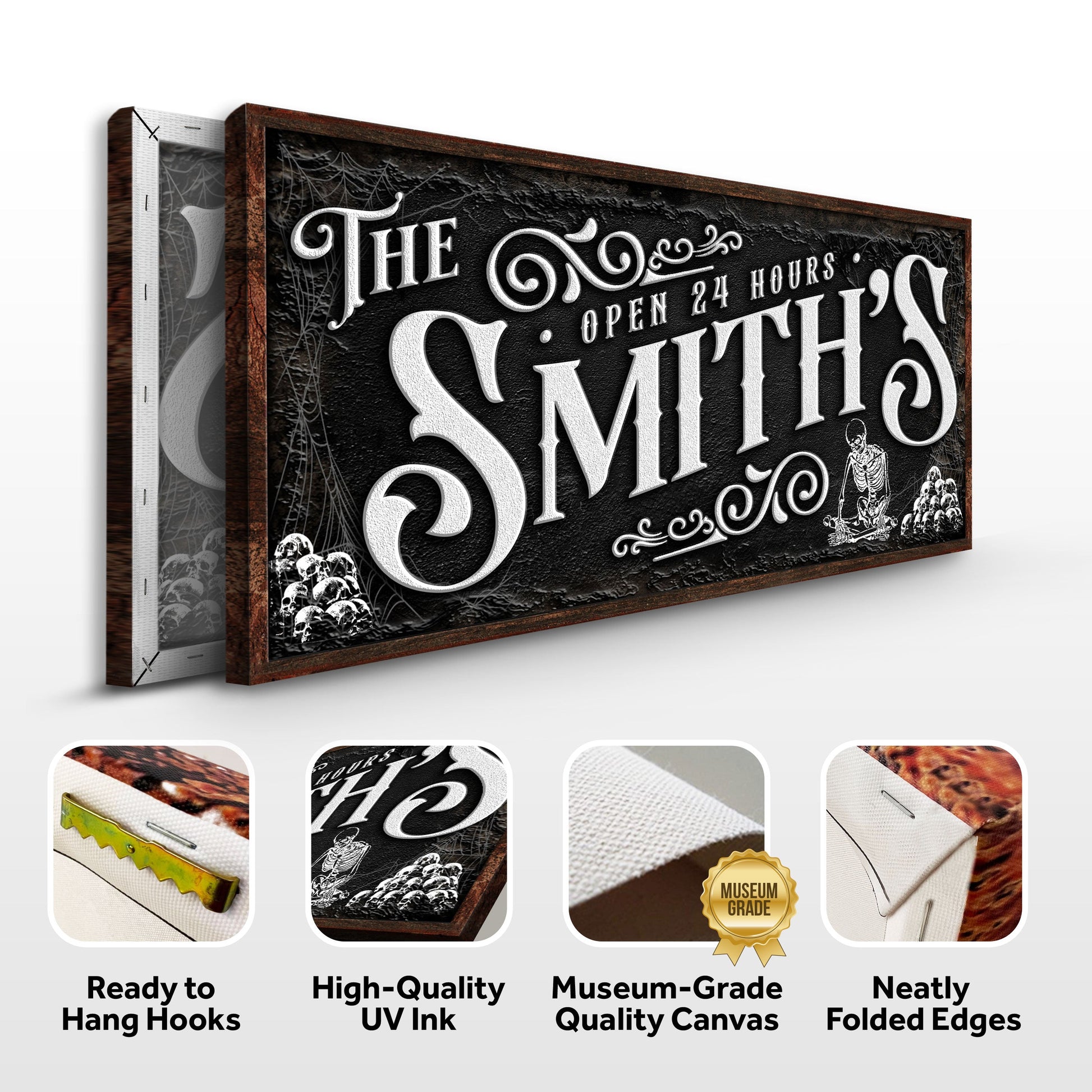 Personalized Gothic Sign II canvas with black background white ornate typography Tailored Canvases on Tampa Home & Garden Store