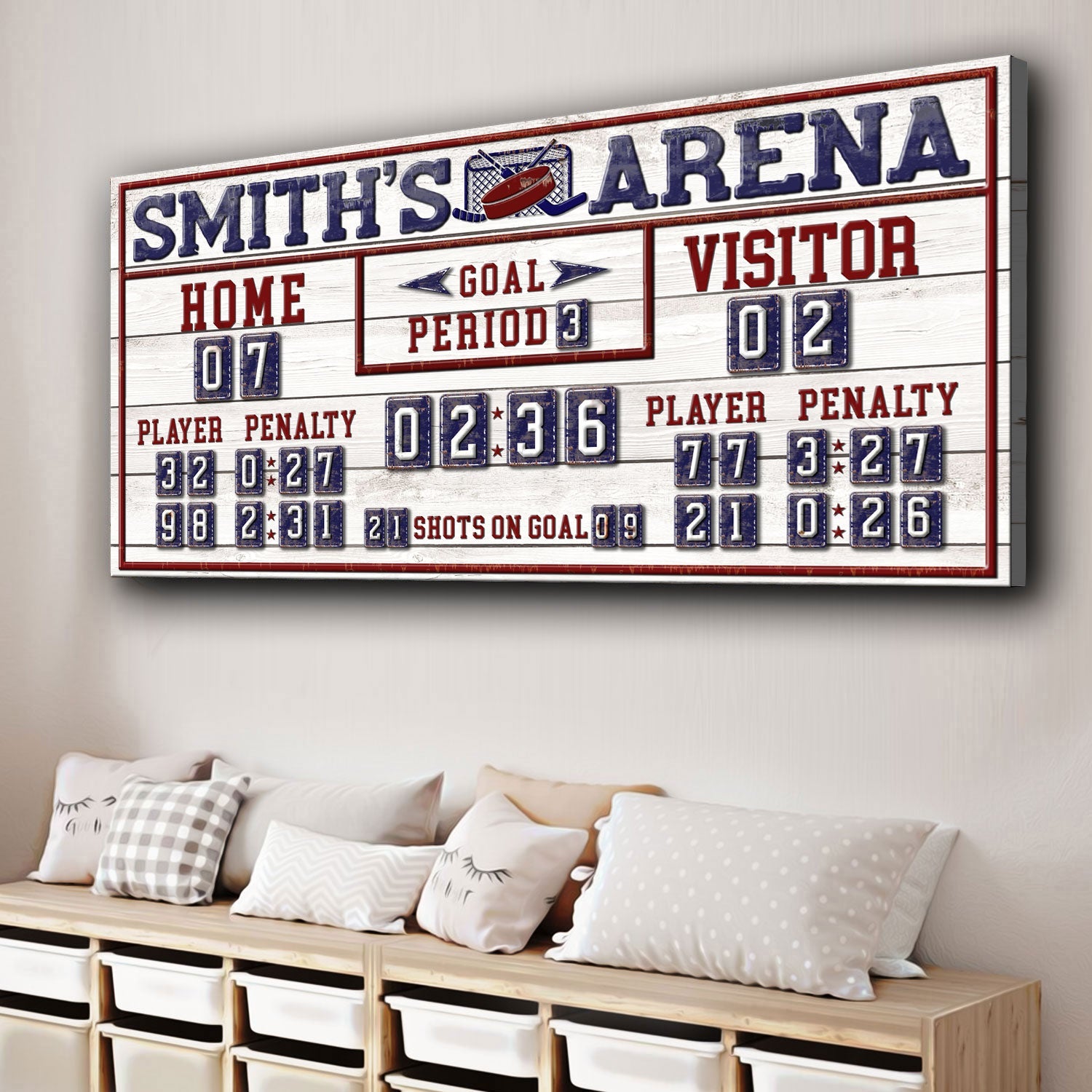 Personalized hockey scoreboard canvas sign with white planks and red/blue numeric tiles on Tampa Home & Garden Store