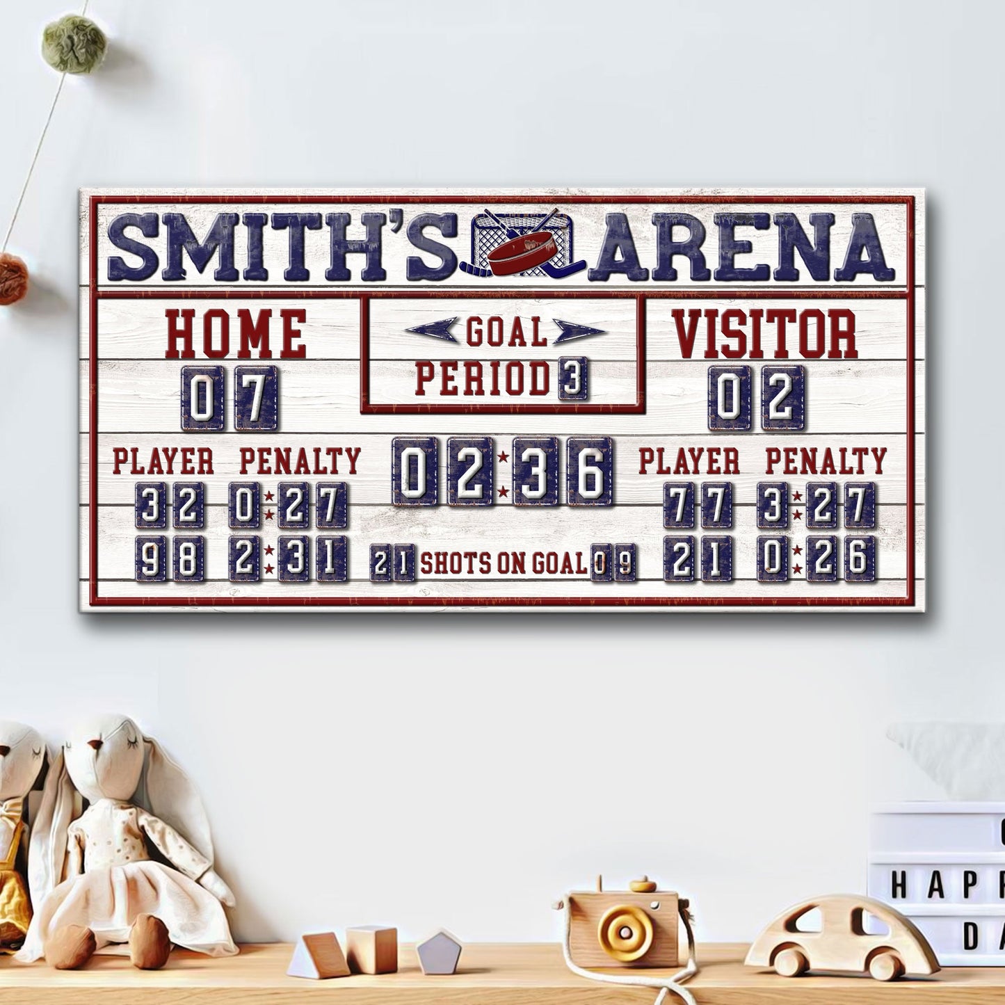 Personalized hockey scoreboard canvas by Tailored Canvases with home and visitor panels on Tampa Home & Garden Store