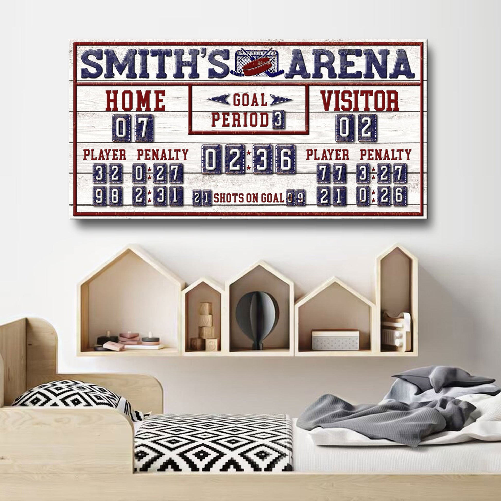 Personalized hockey scoreboard canvas sign Smith's Arena with home 07 and visitor 02 on Tampa Home & Garden Store