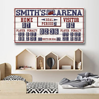 Personalized hockey scoreboard canvas sign Smith's Arena with home 07 and visitor 02 on Tampa Home & Garden Store