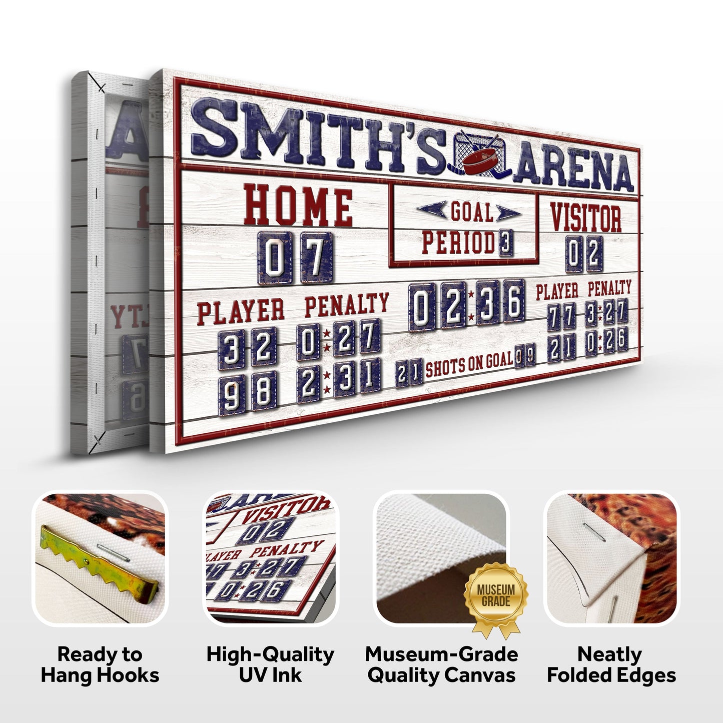 Personalized hockey scoreboard sign canvas with blue lettering on white wood backdrop by Tailored Canvases on Tampa Home & Garden Store