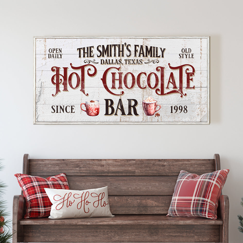 Personalized Hot Chocolate Bar Sign canvas with rustic distressed white background on Tampa Home & Garden Store