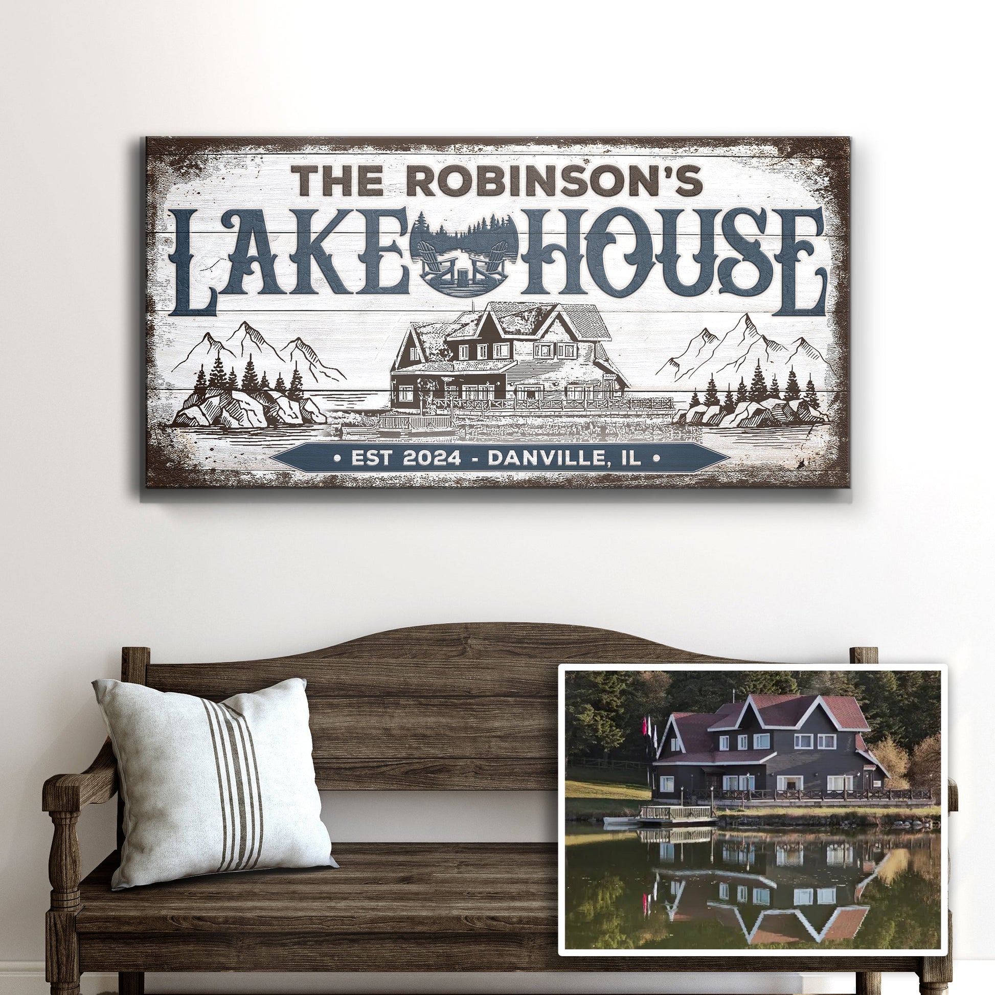 Personalized Lake House Sign II canvas by Tailored Canvases with Robinson's on distressed wood on Tampa Home & Garden Store