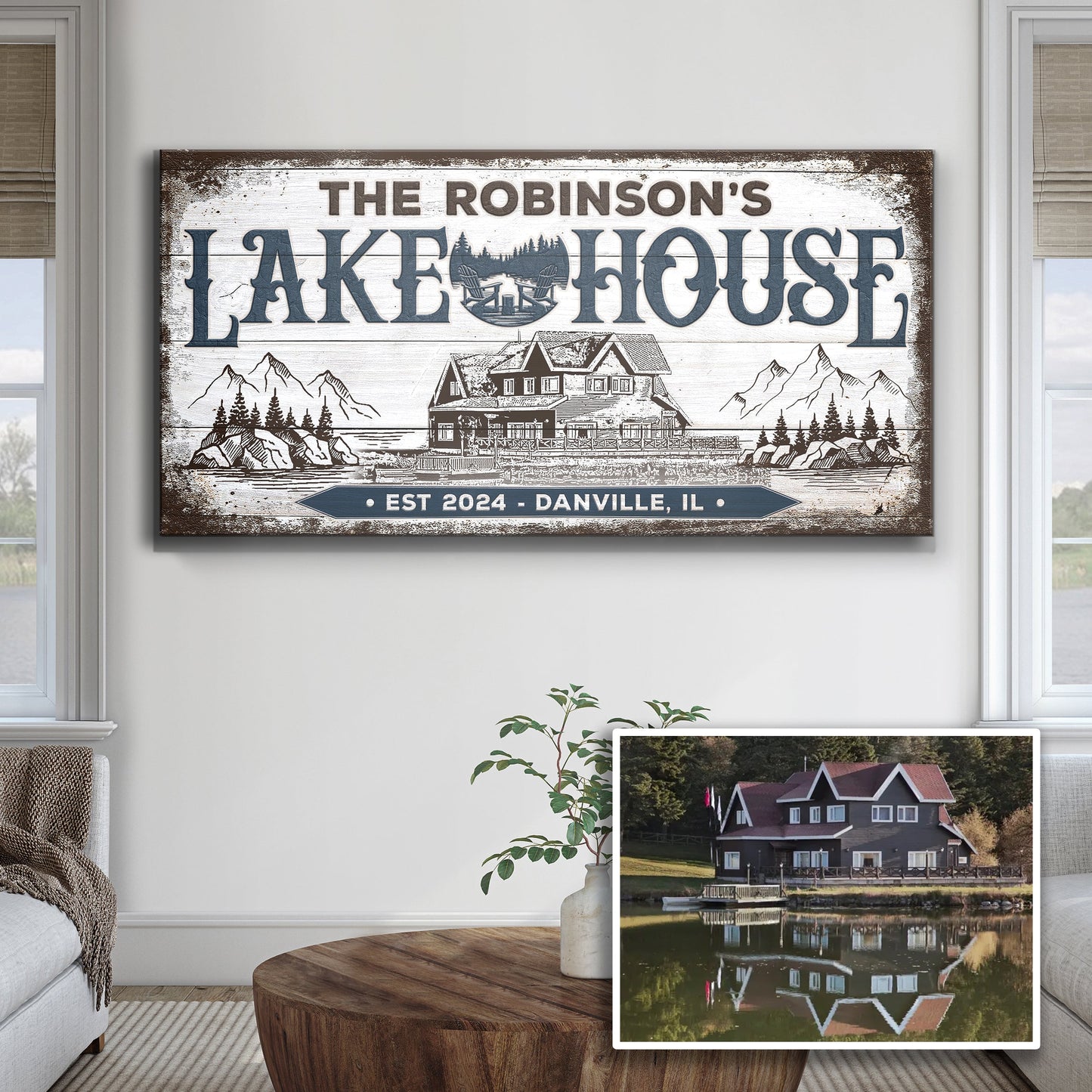 Lake House Sign II canvas by Tailored Canvases; rustic whitewashed with blue lettering on Tampa Home & Garden Store