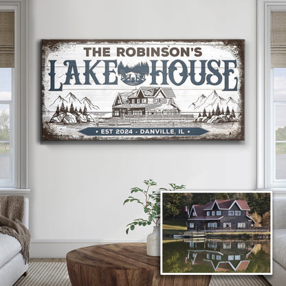 Lake House Sign II canvas by Tailored Canvases; rustic whitewashed with blue lettering on Tampa Home & Garden Store