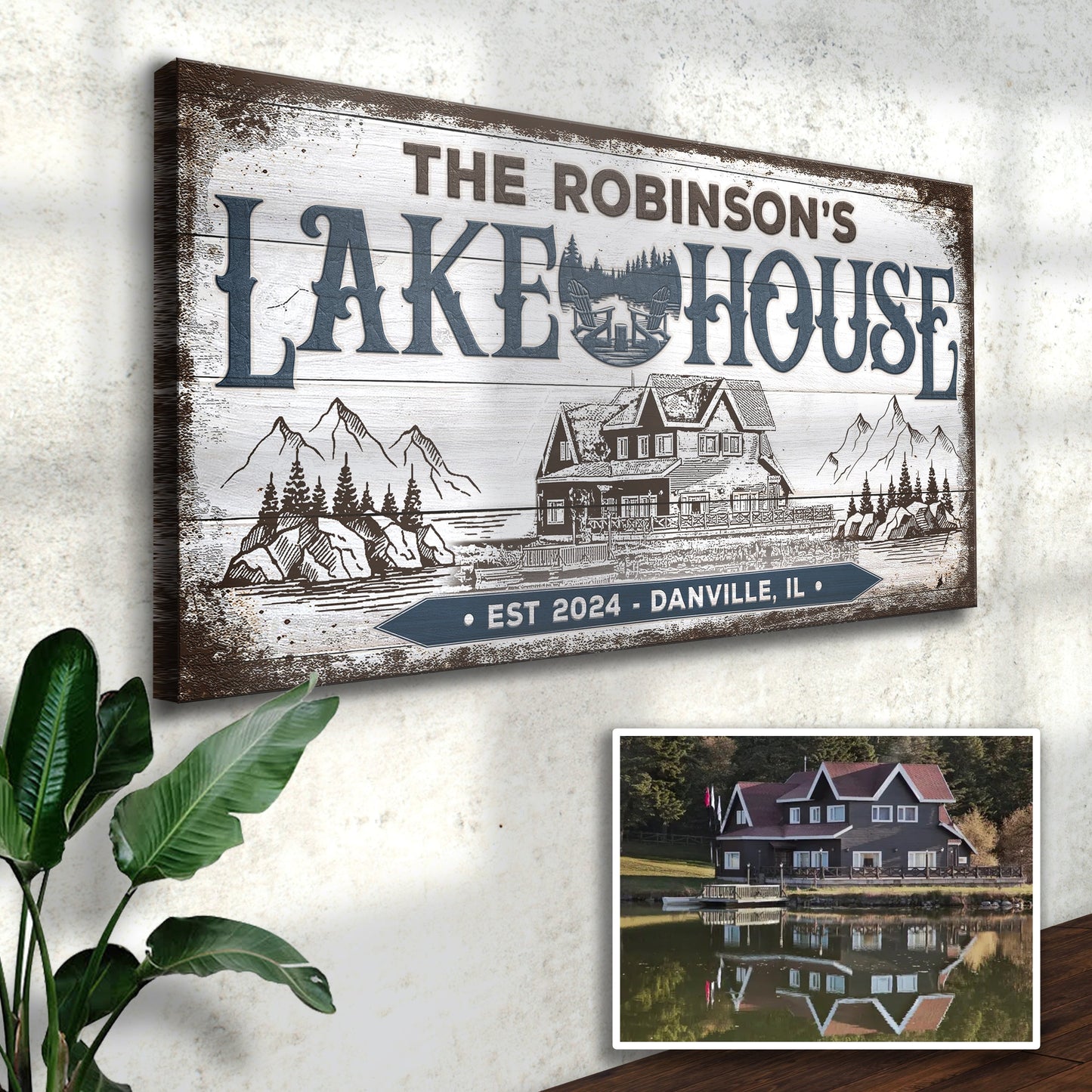 Canvas Lake House Sign II by Tailored Canvases with rustic wood texture and lake house scene on Tampa Home & Garden Store
