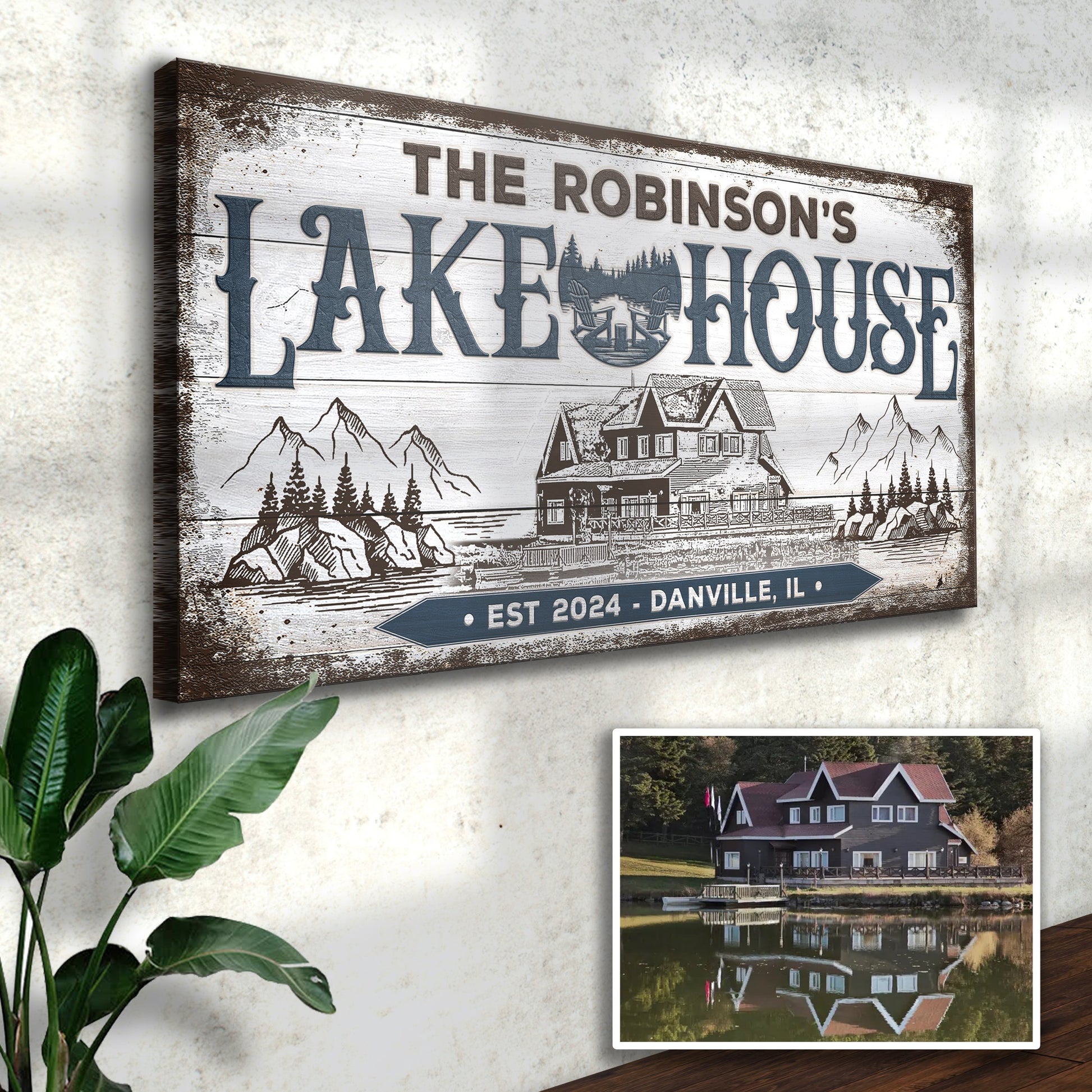Canvas Lake House Sign II by Tailored Canvases with rustic wood texture and lake house scene on Tampa Home & Garden Store