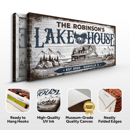 Canvas sign: Personalized Lake House II on rustic white wood with blue lettering on Tampa Home & Garden Store