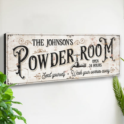 Canvas sign Personalized Powder Room by Tailored Canvases with vintage typography and border on Tampa Home & Garden Store