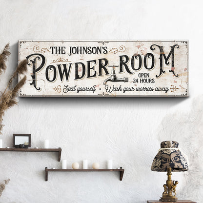 Personalized Powder Room Sign canvas by Tailored Canvases with vintage distressed look on Tampa Home & Garden Store
