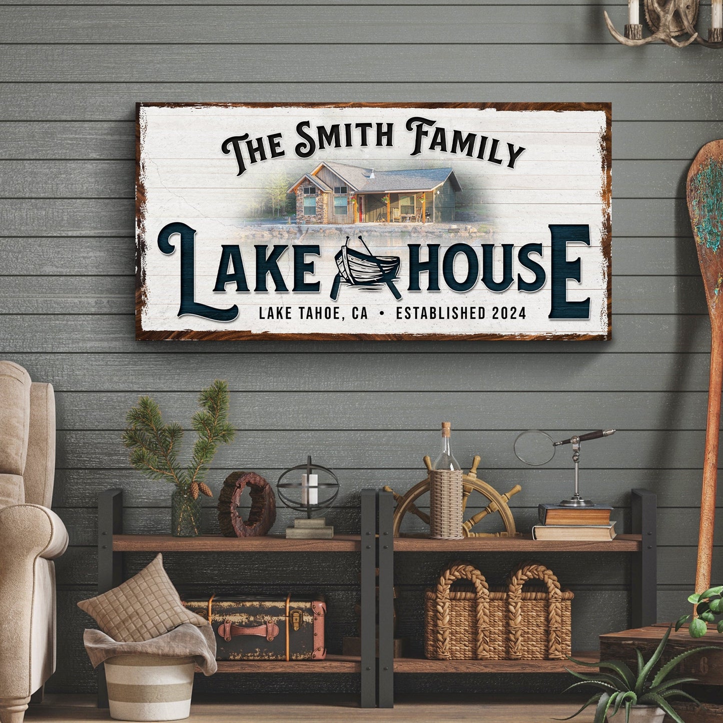 Personalized lake house sign canvas featuring white panel, lakeside house illustration on Tampa Home & Garden Store
