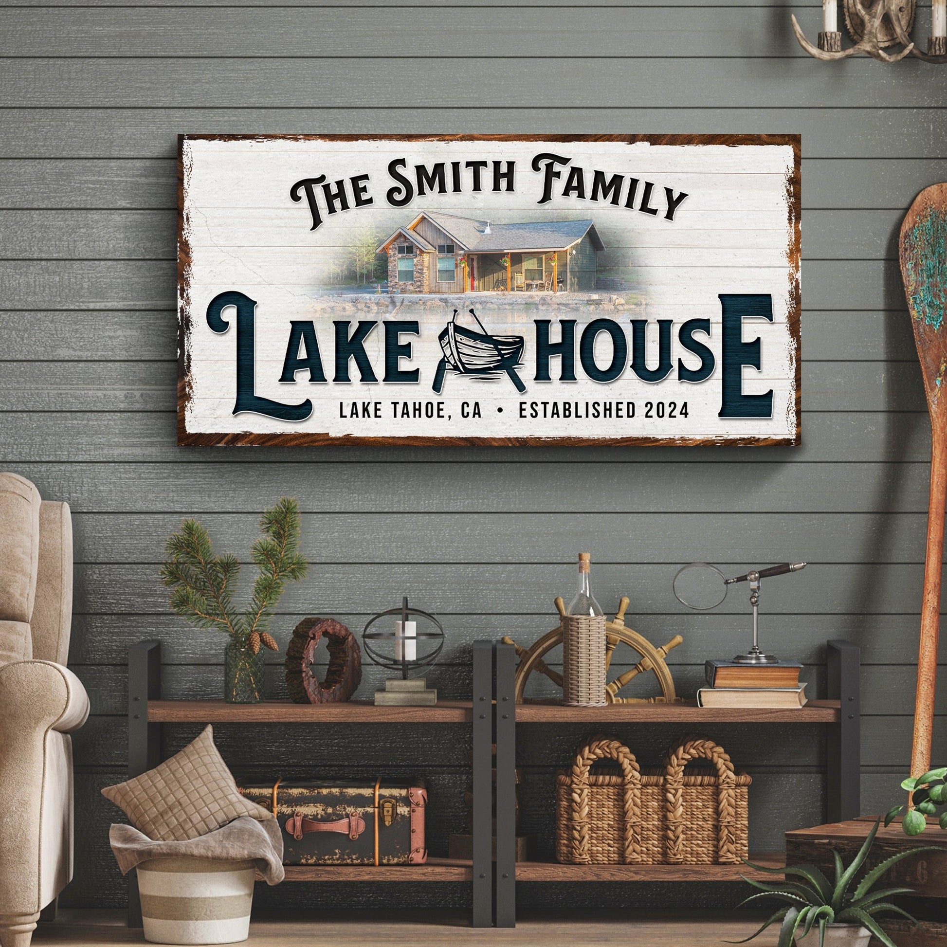 Personalized lake house sign canvas featuring white panel, lakeside house illustration on Tampa Home & Garden Store