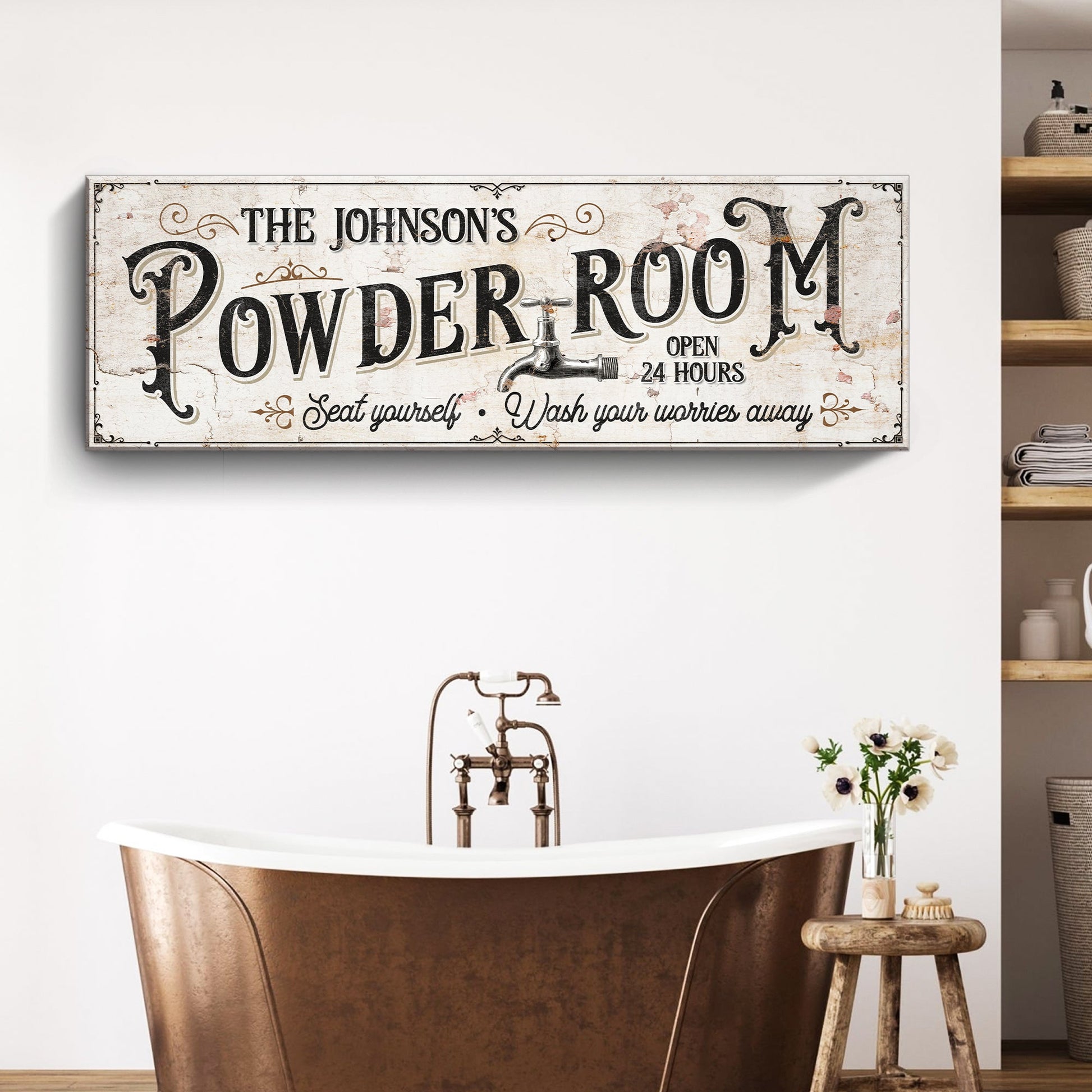 Personalized Powder Room Sign canvas with vintage distressed background and typography on Tampa Home & Garden Store