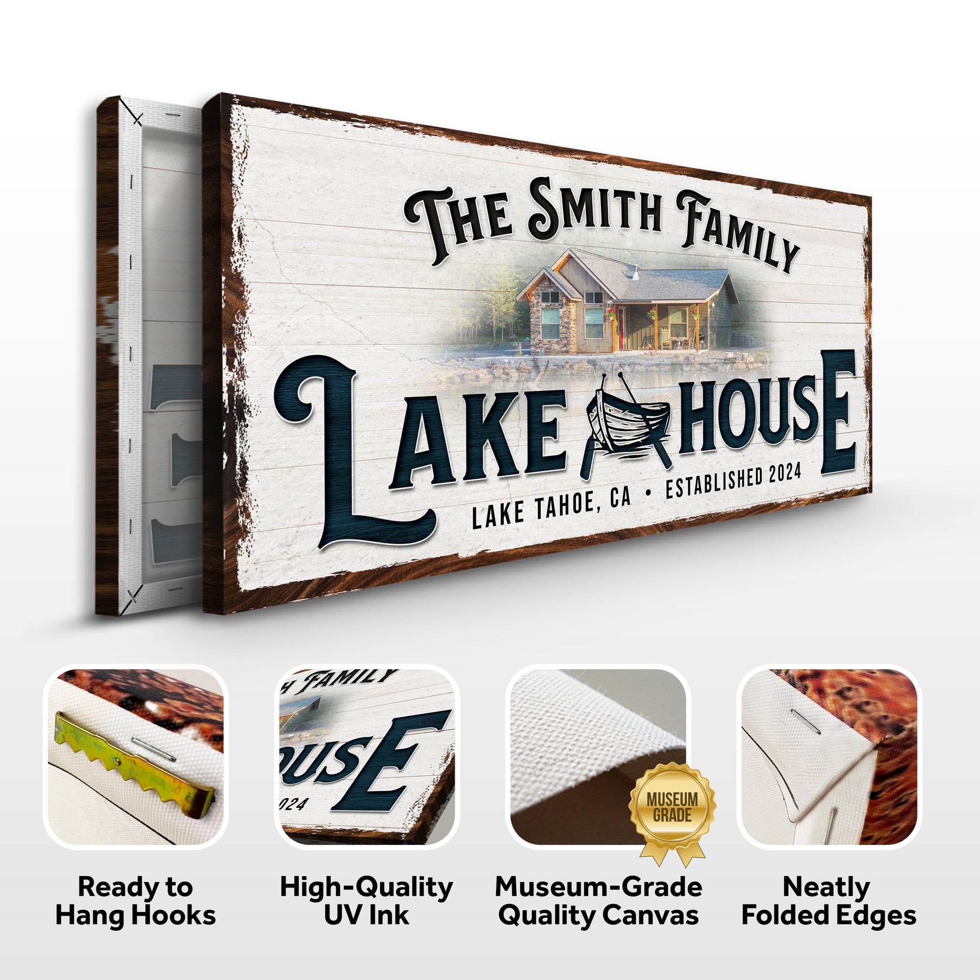 Personalized canvas sign The Smith Family Lake House by Tailored Canvases rustic white wood panel on Tampa Home & Garden Store