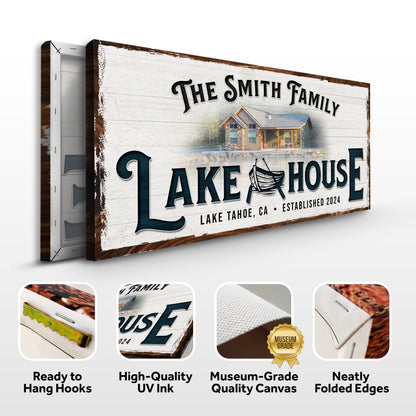 Personalized canvas sign The Smith Family Lake House by Tailored Canvases rustic white wood panel on Tampa Home & Garden Store