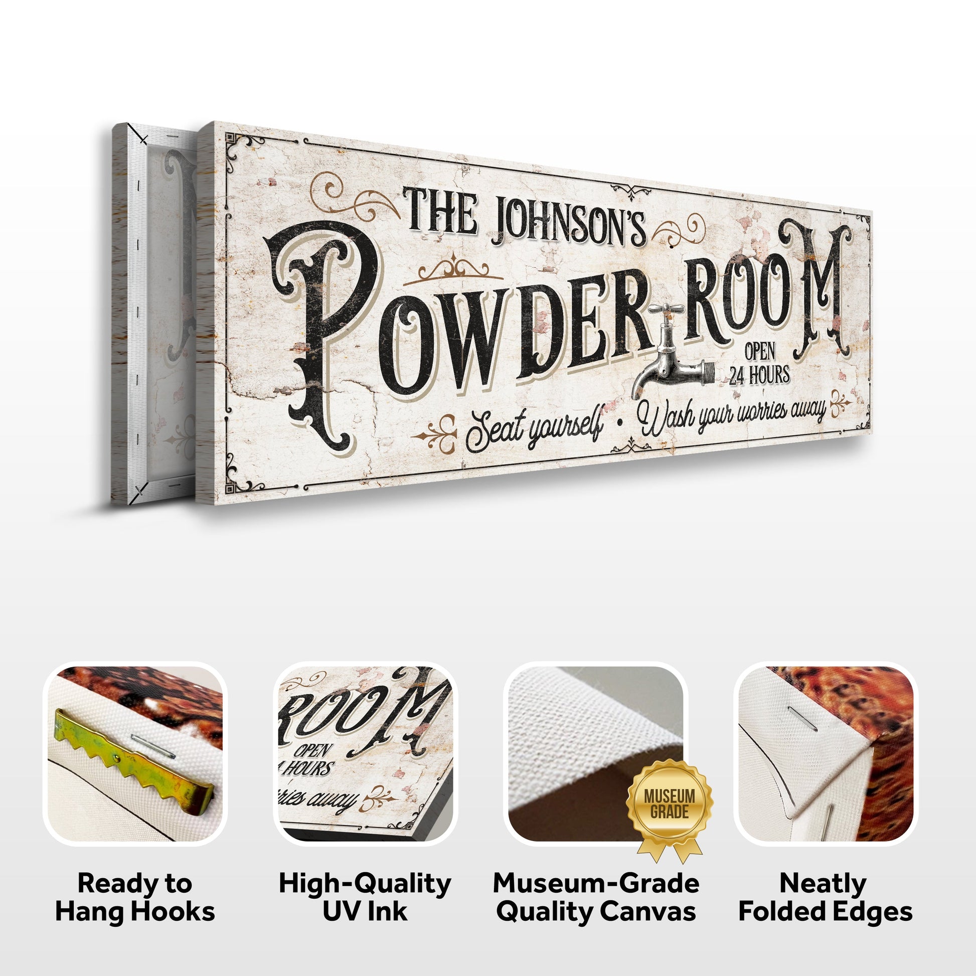 Personalized powder room sign canvas with vintage distressed cream background on Tampa Home & Garden Store