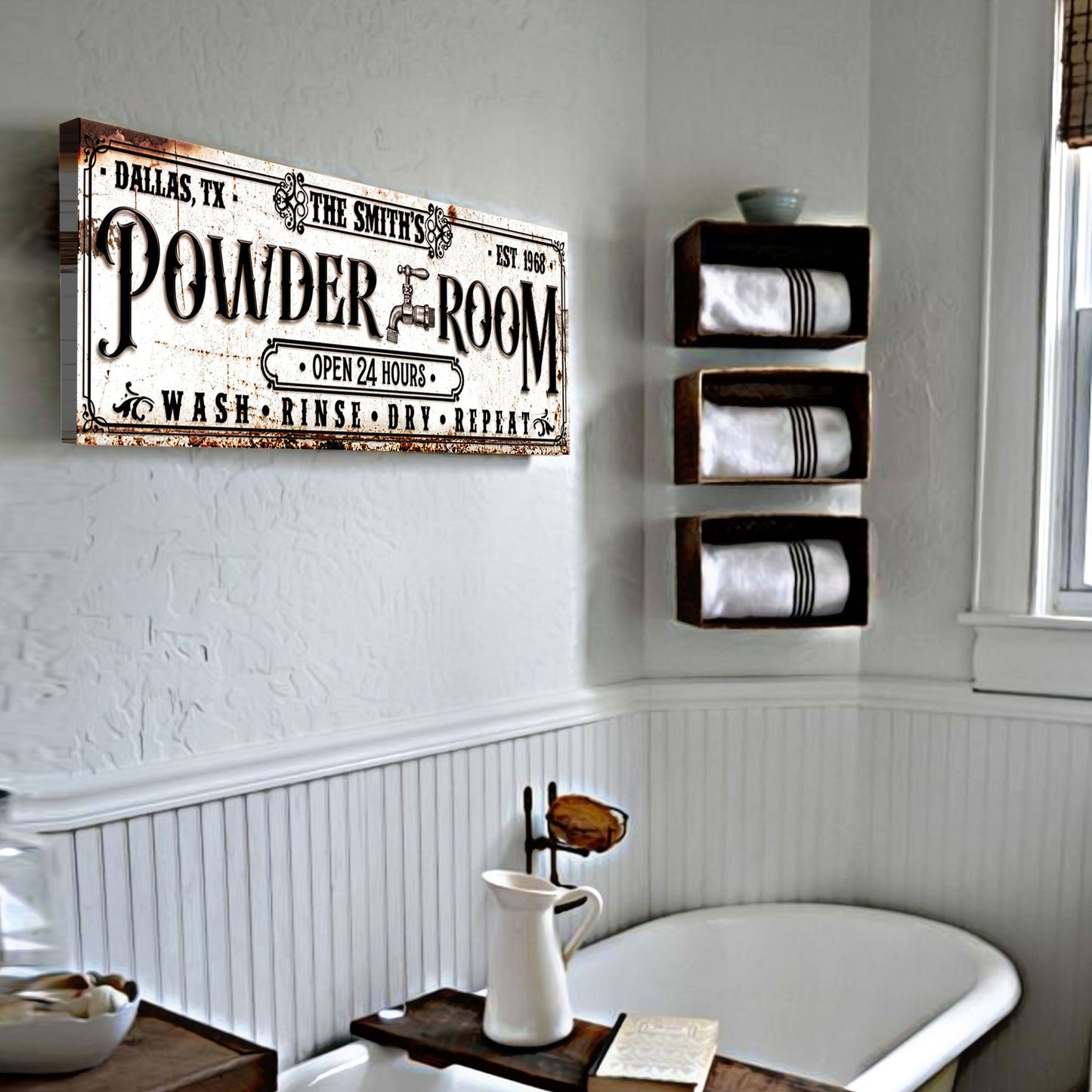 Personalized Powder Room Sign II canvas with distressed background and vintage lettering on Tampa Home & Garden Store