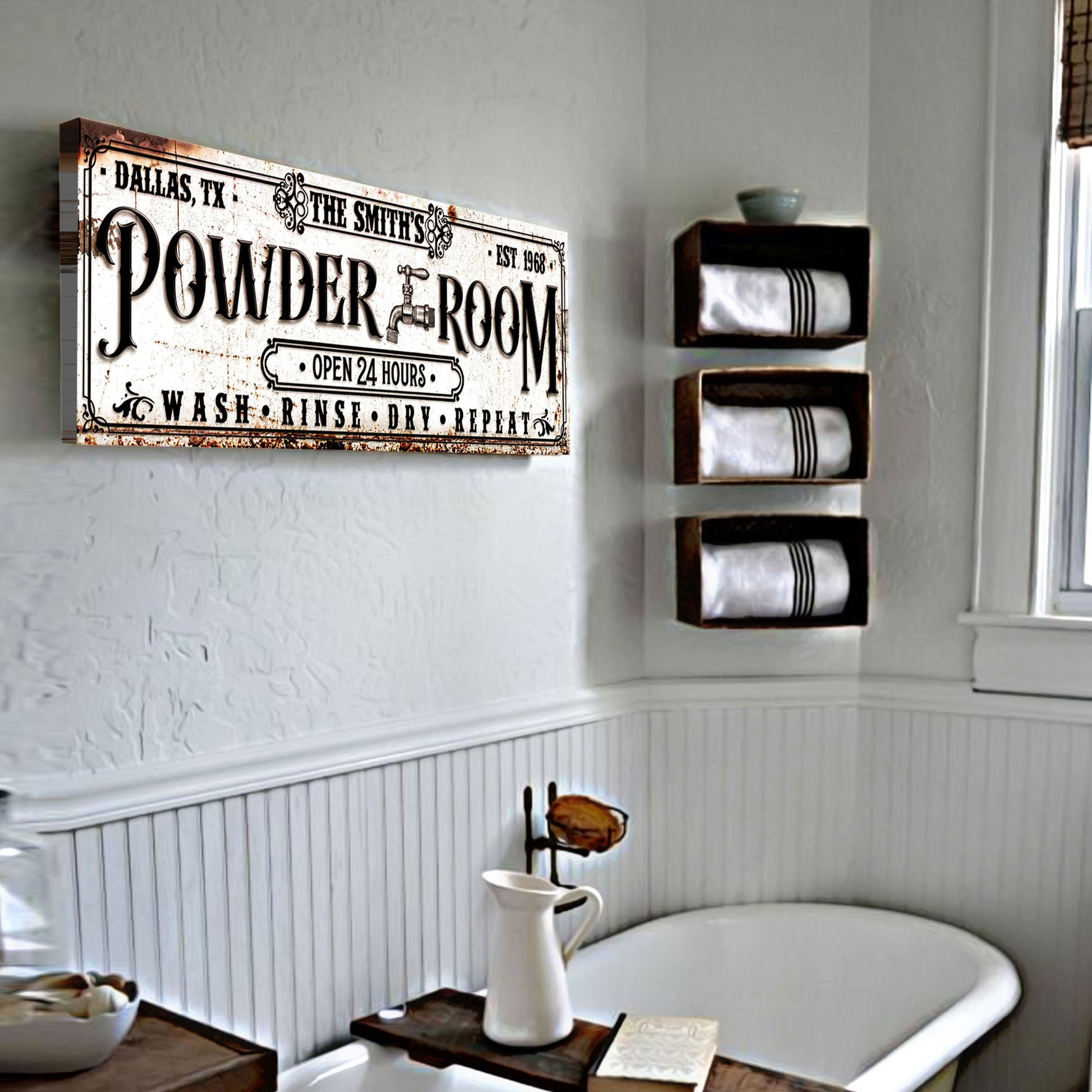 Personalized Powder Room Sign II canvas with distressed background and vintage lettering on Tampa Home & Garden Store