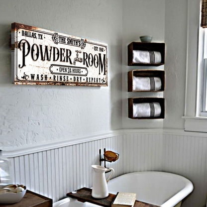 Personalized Powder Room Sign II canvas with distressed background and vintage lettering on Tampa Home & Garden Store