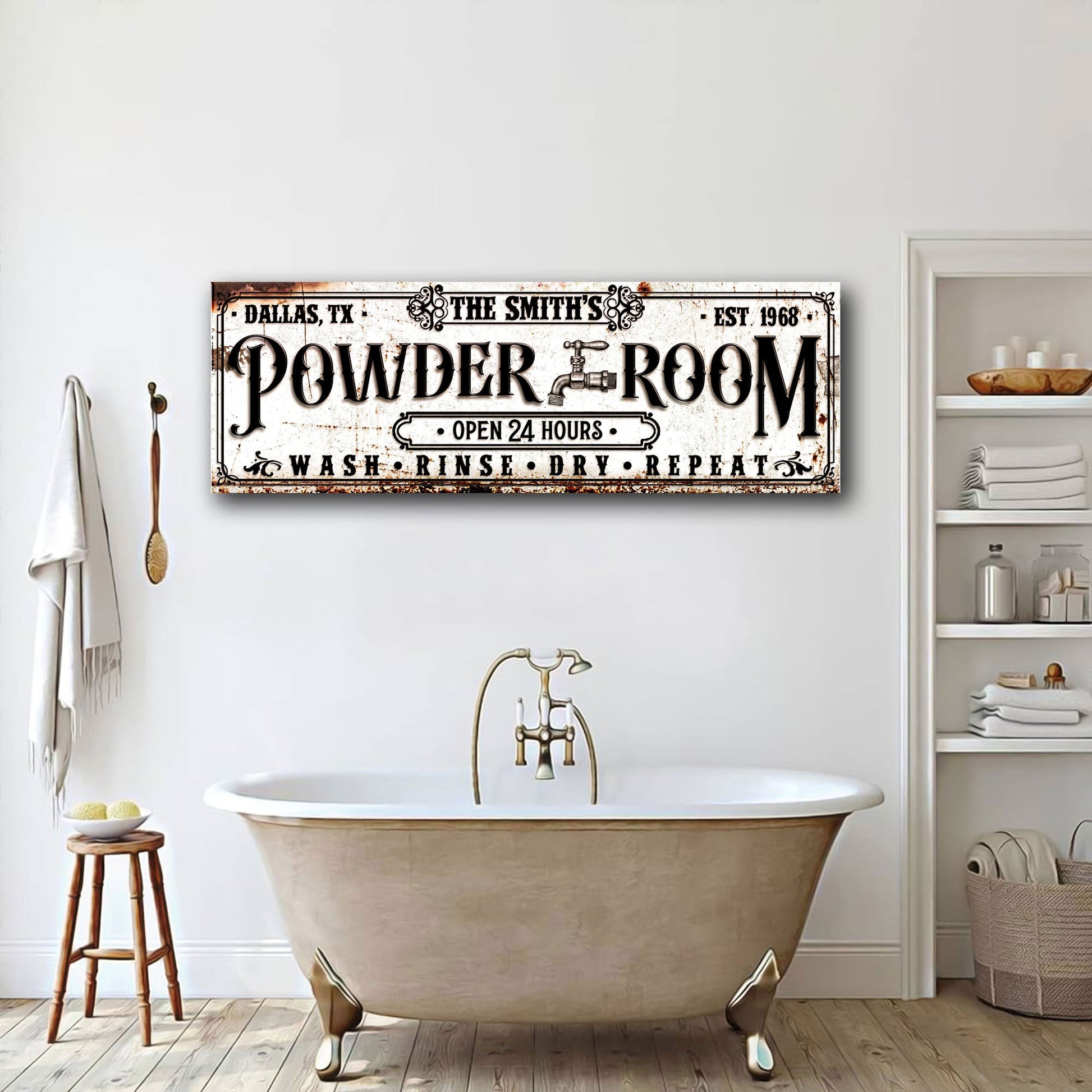 Personalized Powder Room Sign II canvas wall art with distressed vintage look and bold text on Tampa Home & Garden Store