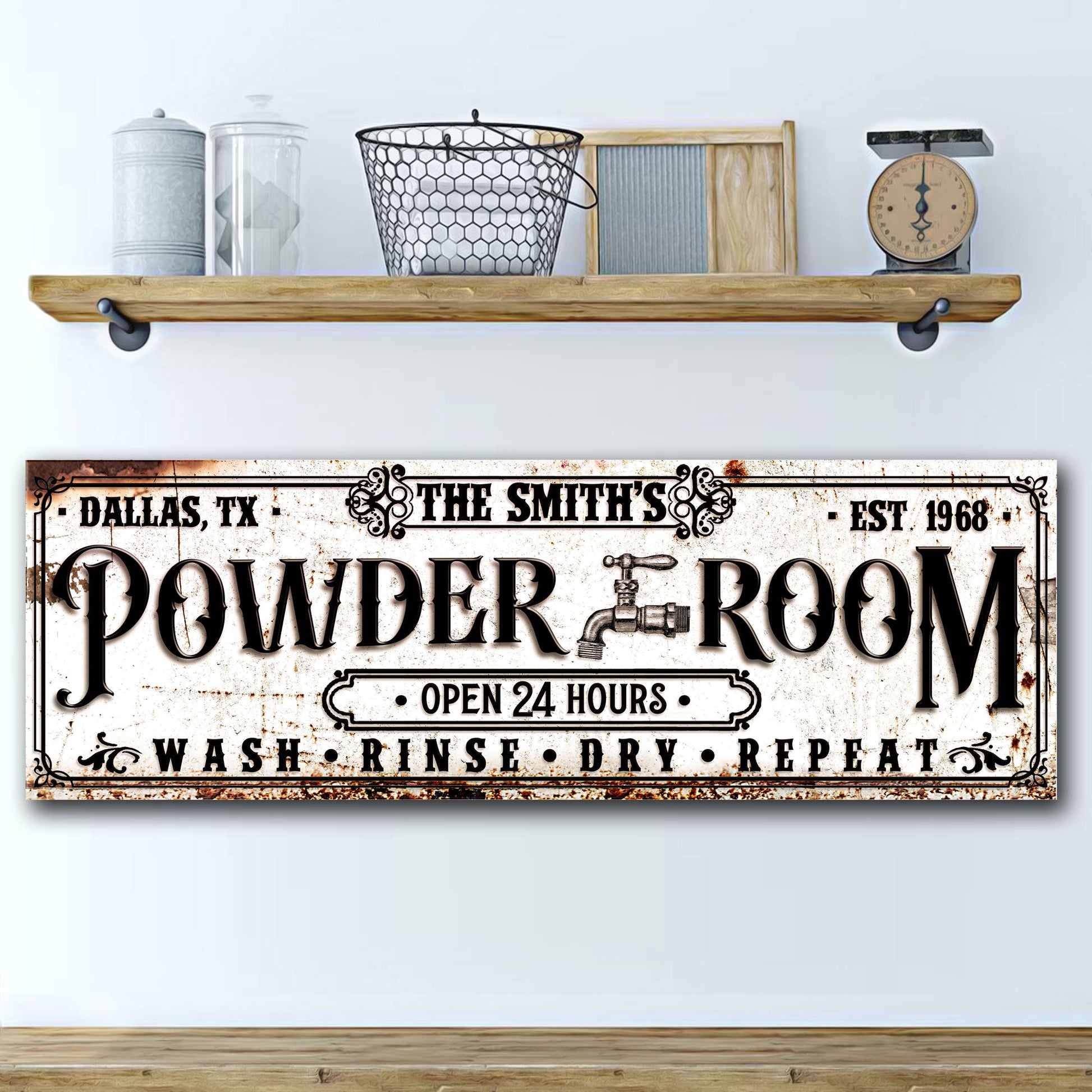 Powder Room sign canvas with vintage distressed look and bold black type on shelf on Tampa Home & Garden Store