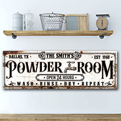 Powder Room sign canvas with vintage distressed look and bold black type on shelf on Tampa Home & Garden Store