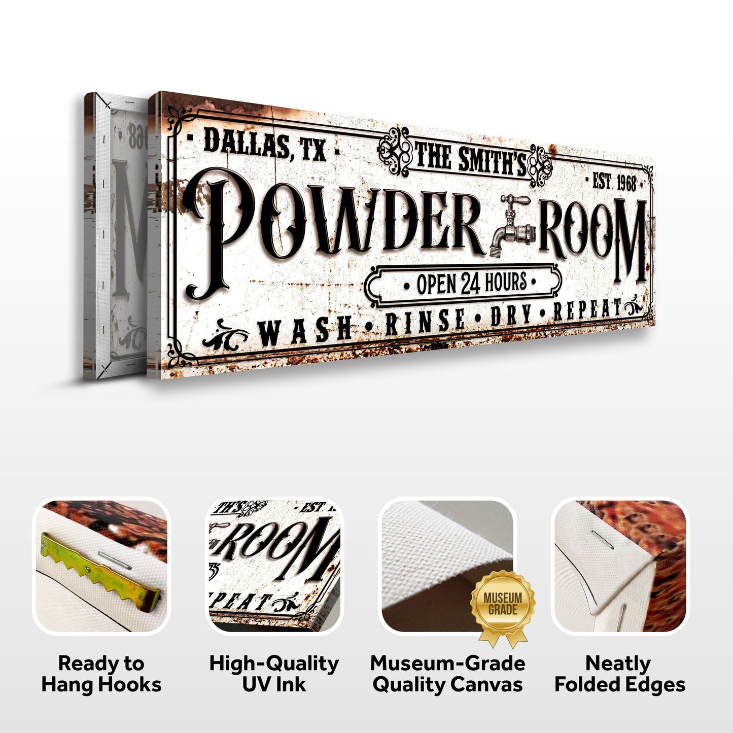 Personalized Powder Room Sign II canvas by Tailored Canvases in vintage typography on Tampa Home & Garden Store