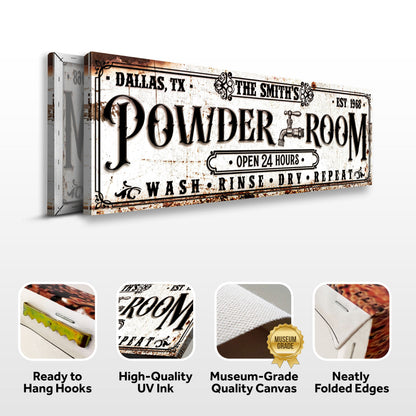 Personalized Powder Room Sign II canvas by Tailored Canvases in vintage typography on Tampa Home & Garden Store