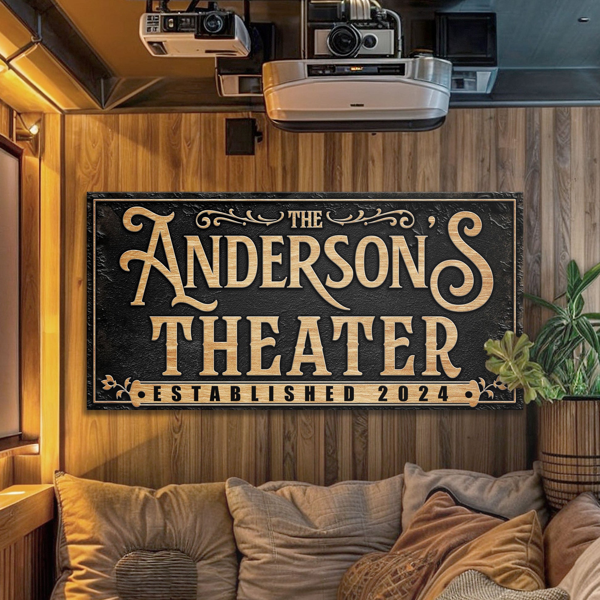Personalized theater sign canvas with gold lettering on black background ANDERSONS on Tampa Home & Garden Store