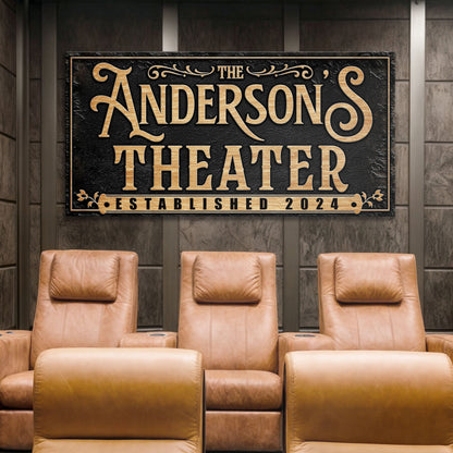 Personalized Theater Sign canvas with gold lettering on black background Tailored Canvases on Tampa Home & Garden Store