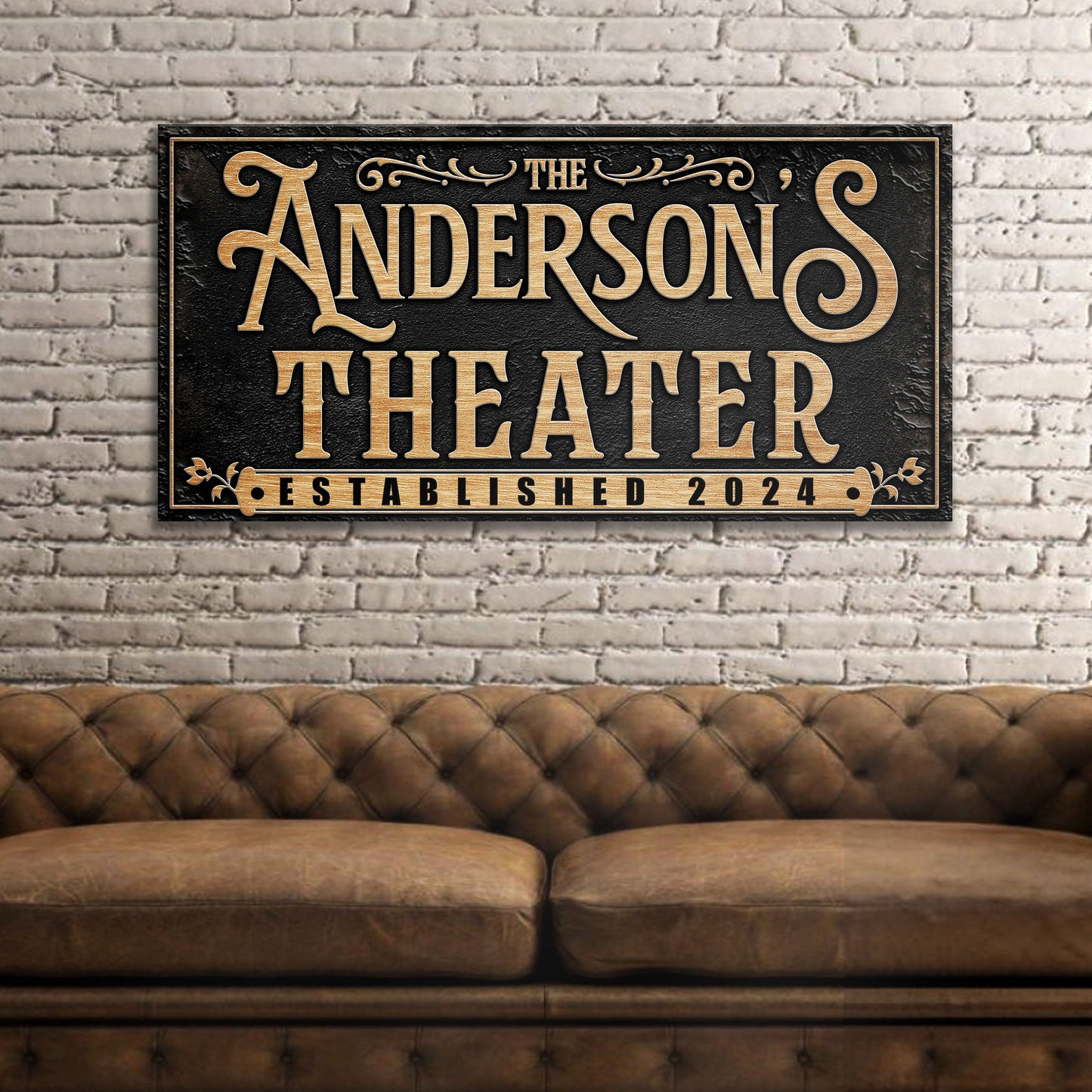 Personalized theater sign canvas with gold lettering The Andersons Theater on black on Tampa Home & Garden Store