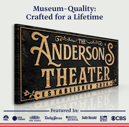 Personalized theater sign canvas with gold lettering on black textured backdrop, ornate border on Tampa Home & Garden Store