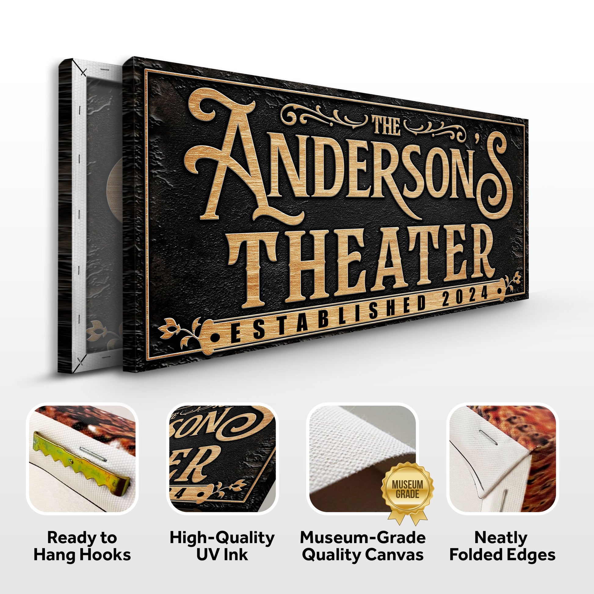 Personalized Theater Sign Canvas by Tailored Canvases; black canvas with gold lettering on Tampa Home & Garden Store