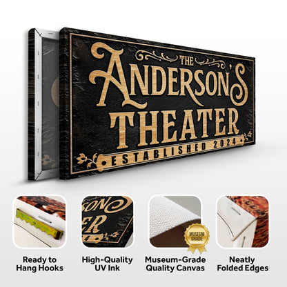 Personalized Theater Sign Canvas by Tailored Canvases; black canvas with gold lettering on Tampa Home & Garden Store