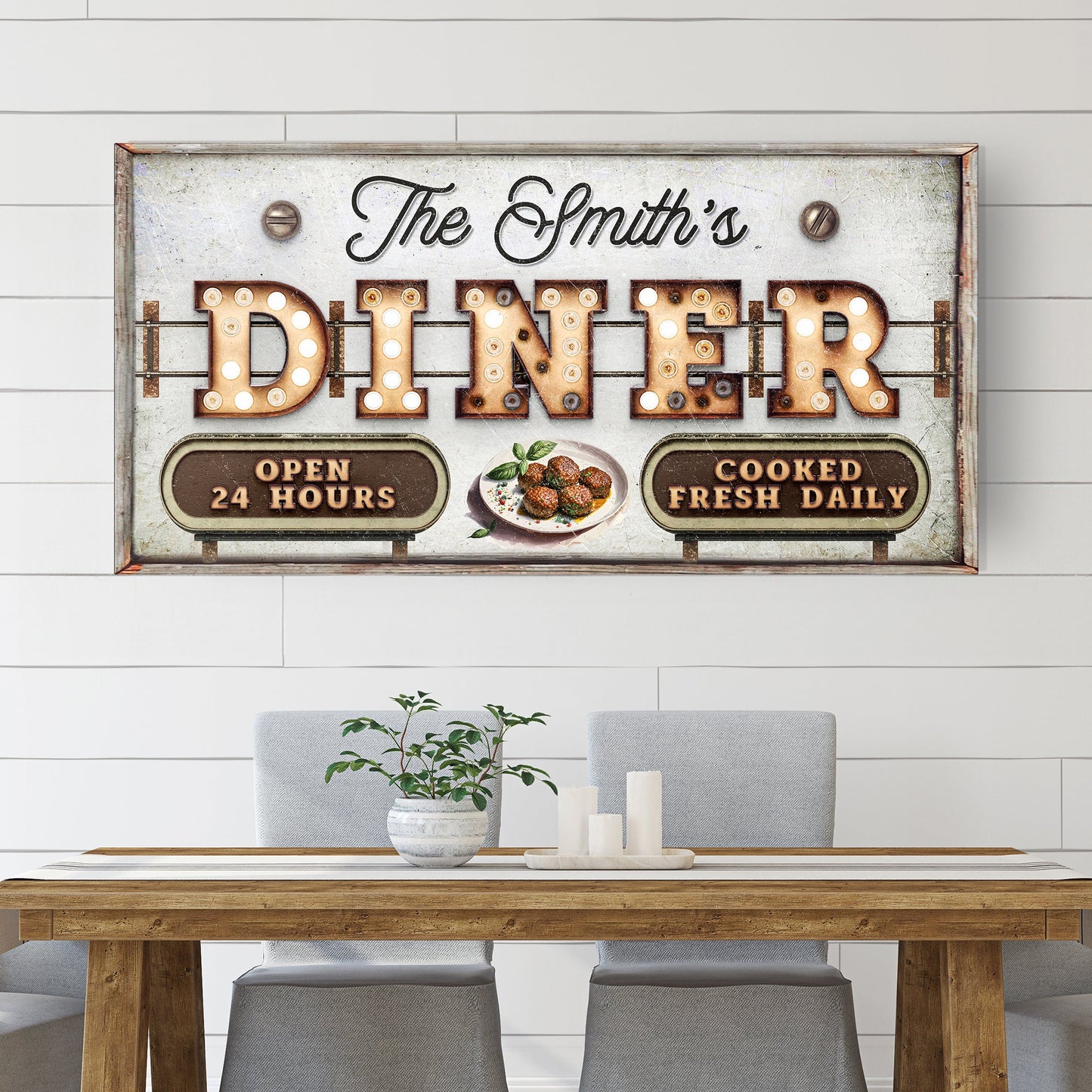 Personalized vintage diner sign canvas with copper DINER letters and bulb accents on Tampa Home & Garden Store