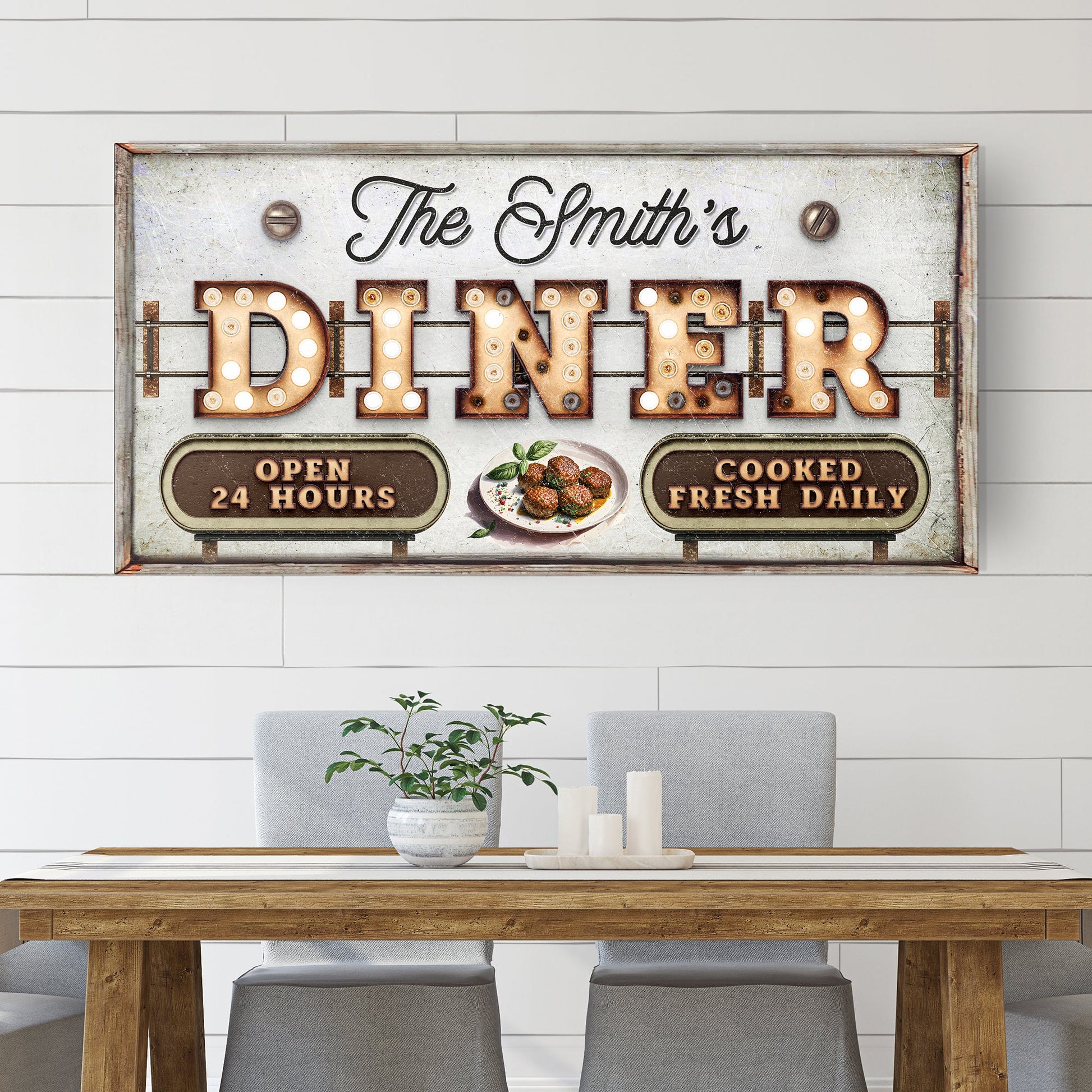 Personalized vintage diner sign canvas with copper DINER letters and bulb accents on Tampa Home & Garden Store