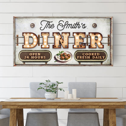 Personalized vintage diner sign canvas with copper DINER letters and bulb accents on Tampa Home & Garden Store