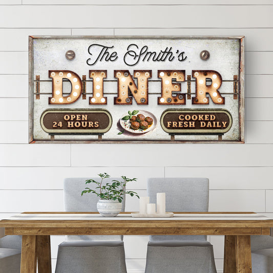 Personalized vintage diner sign canvas with copper DINER letters and bulb accents on Tampa Home & Garden Store