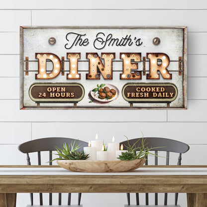 Personalized Vintage Diner Sign canvas by Tailored Canvases with bulb-lit DINER lettering on Tampa Home & Garden Store