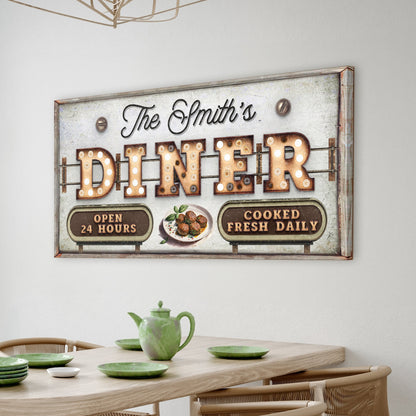 Personalized Vintage Diner Sign canvas wall art with bulb-lit DINER letters and 24 hrs on Tampa Home & Garden Store