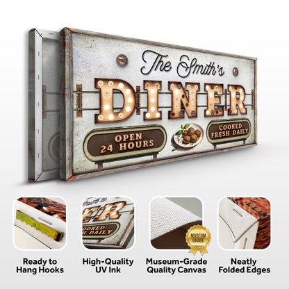 Personalized vintage diner sign canvas with rusted metal look and marquee bulbs on Tampa Home & Garden Store