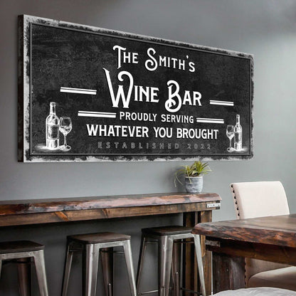 Personalized wine bar sign canvas in chalkboard style with bottles by Tailored Canvases on Tampa Home & Garden Store