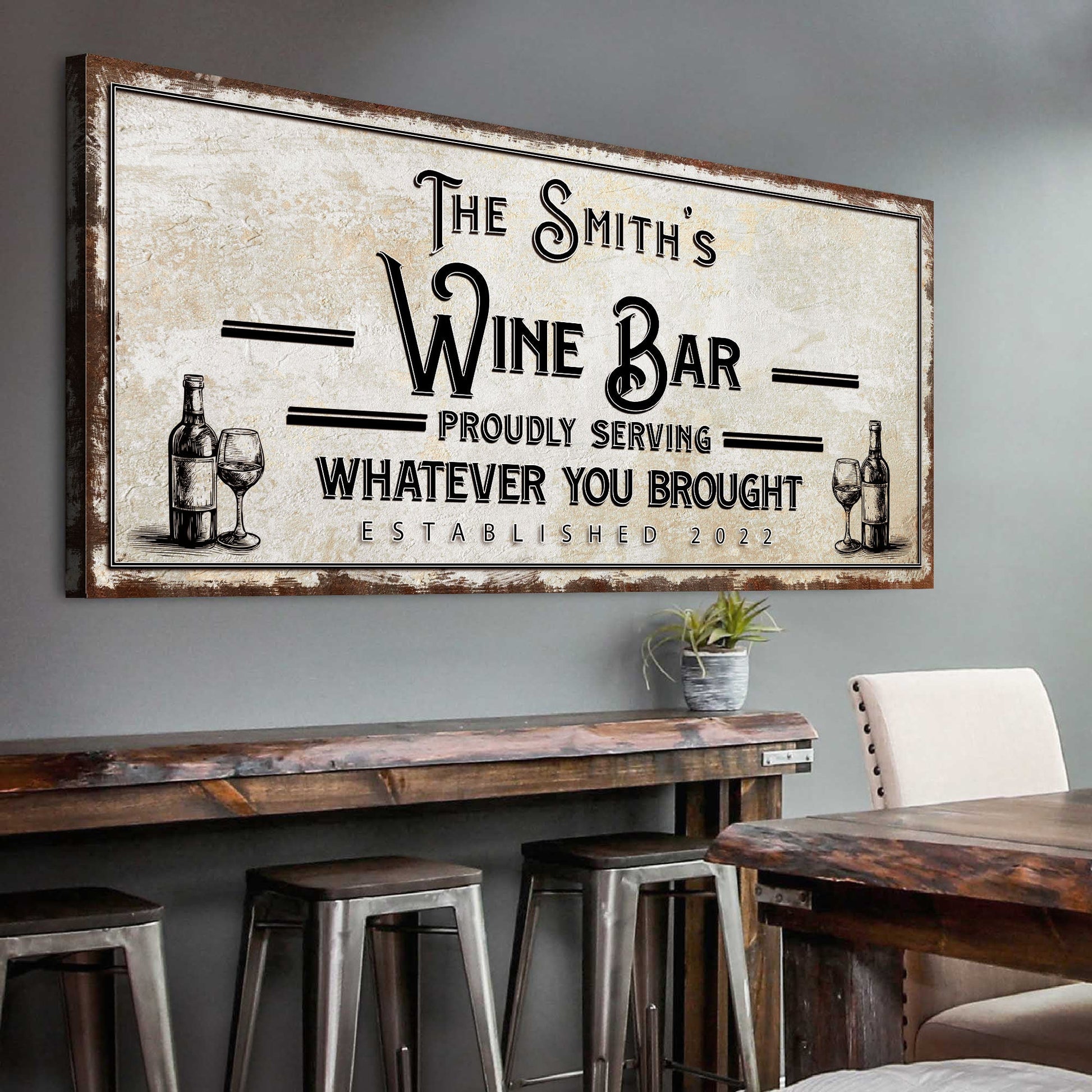 Personalized wine bar sign canvas by Tailored Canvases with vintage typography and wine bottles on Tampa Home & Garden Store
