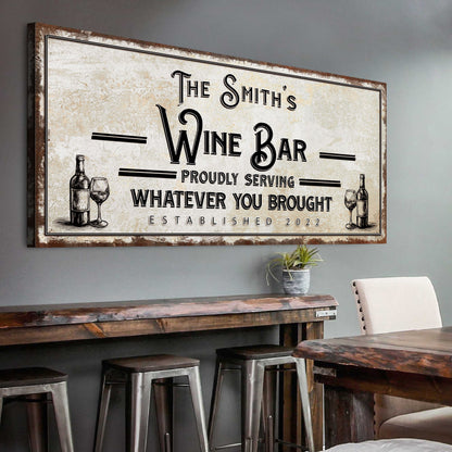 Personalized wine bar sign canvas by Tailored Canvases with vintage typography and wine bottles on Tampa Home & Garden Store