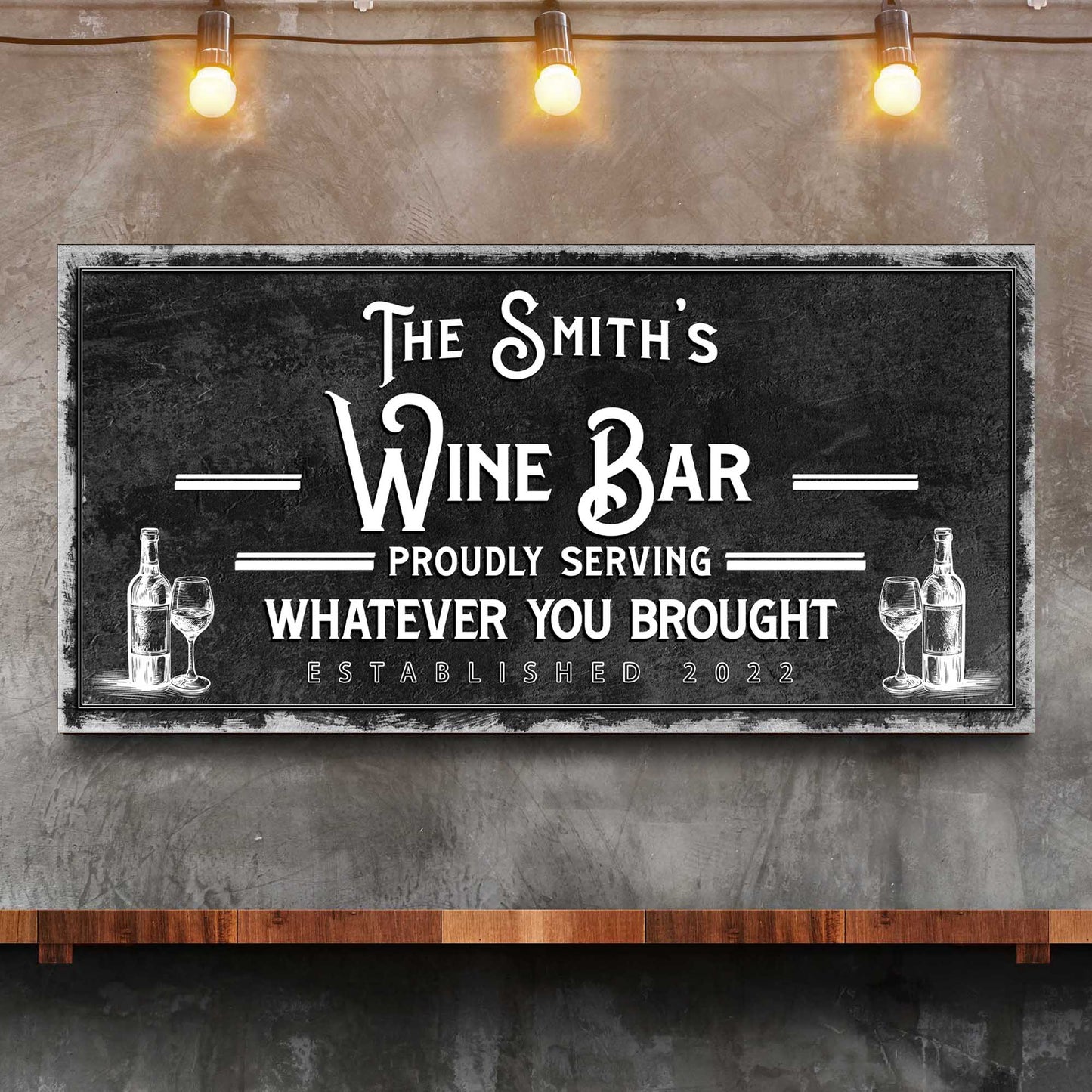 Personalized wine bar sign canvas by Tailored Canvases; chalkboard-style with white lettering on Tampa Home & Garden Store
