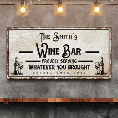 Personalized Wine Bar Sign II canvas by Tailored Canvases with rustic frame and wine bottle art on Tampa Home & Garden Store